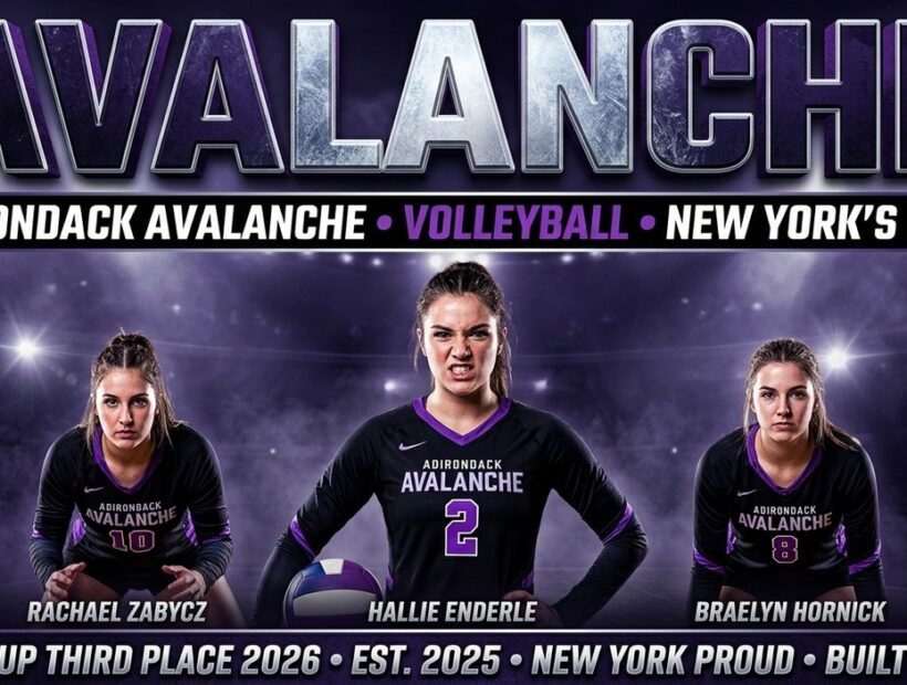Adirondack Avalanche 2026 poster banner — Zabycz, Enderle and Hornick in the black VLA jerseys