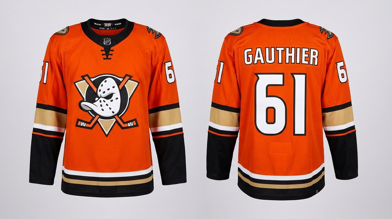 Orange Anaheim Ducks style hockey jersey number 61 - front and back view