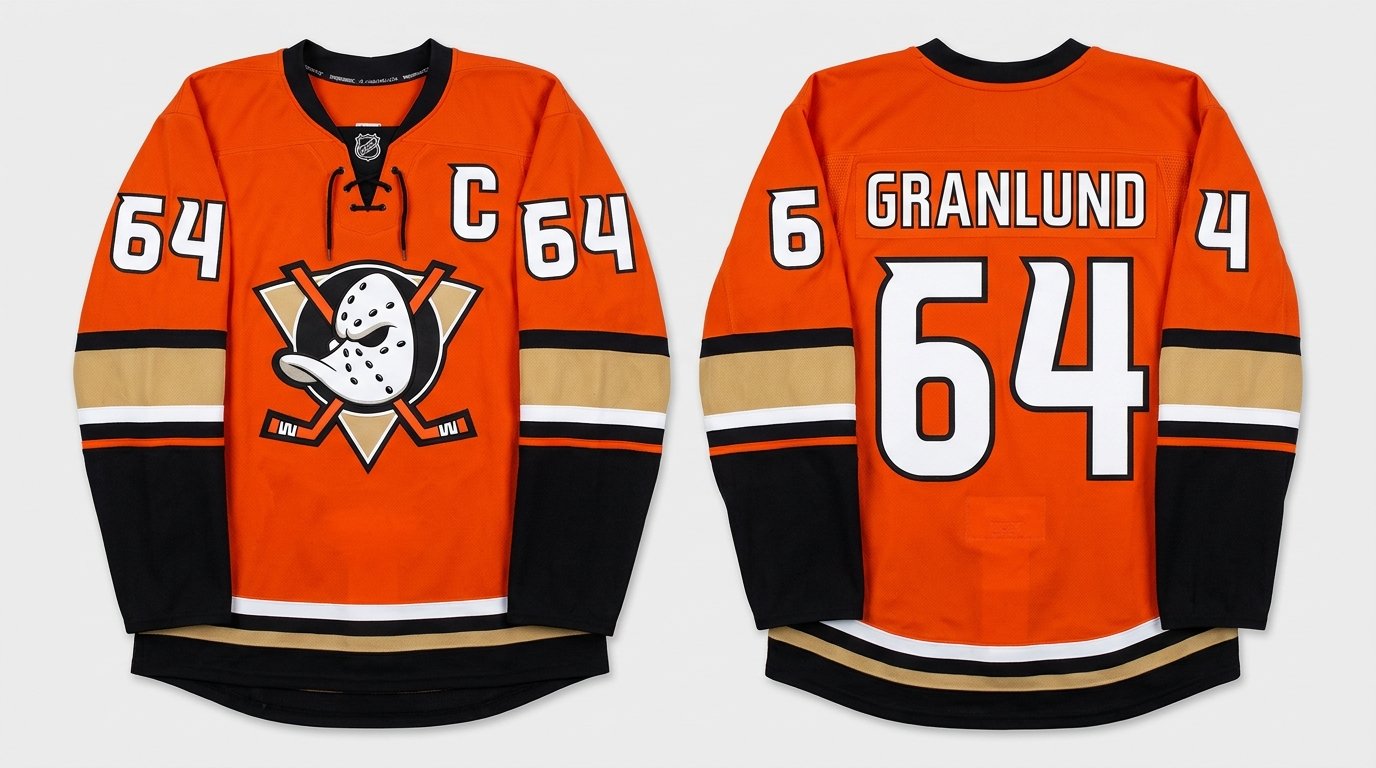 Orange Anaheim Ducks style hockey jersey number 64 - front and back view
