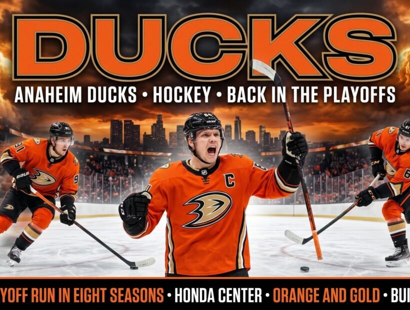 Anaheim Ducks team 2026 poster — Leo Carlsson (#91), Cutter Gauthier (#61) and captain Mikael Granlund (#64) in orange home jerseys