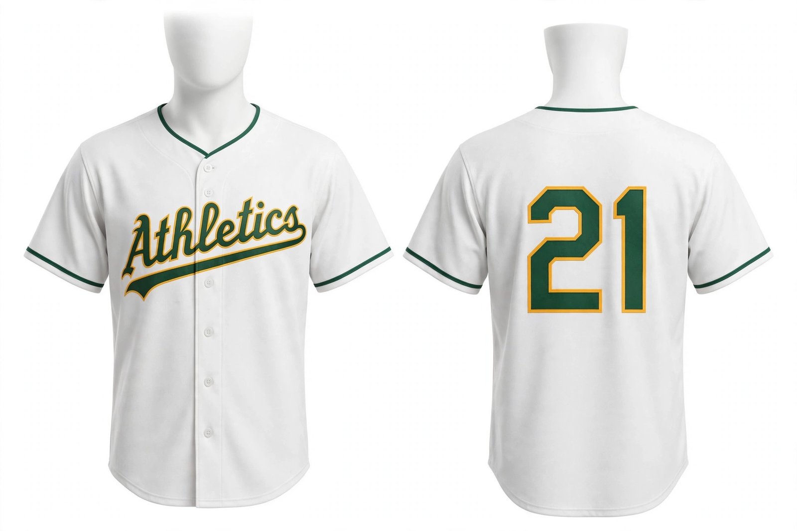 White Athletics style home baseball jersey number 21 - front and back view