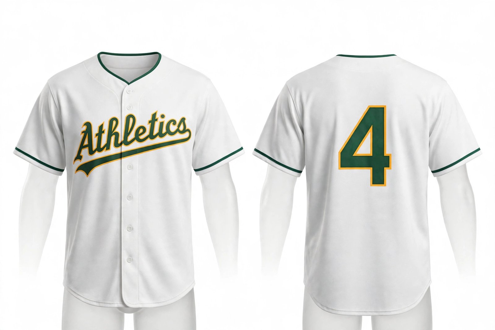 White Athletics style home baseball jersey number 4 - front and back view