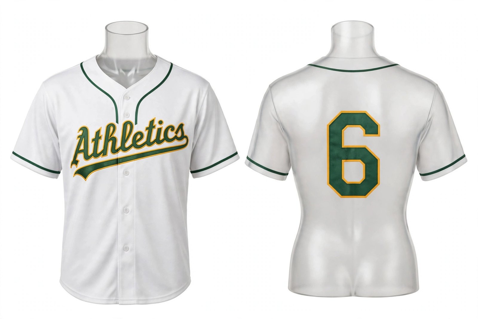 White Athletics style home baseball jersey number 6 - front and back view
