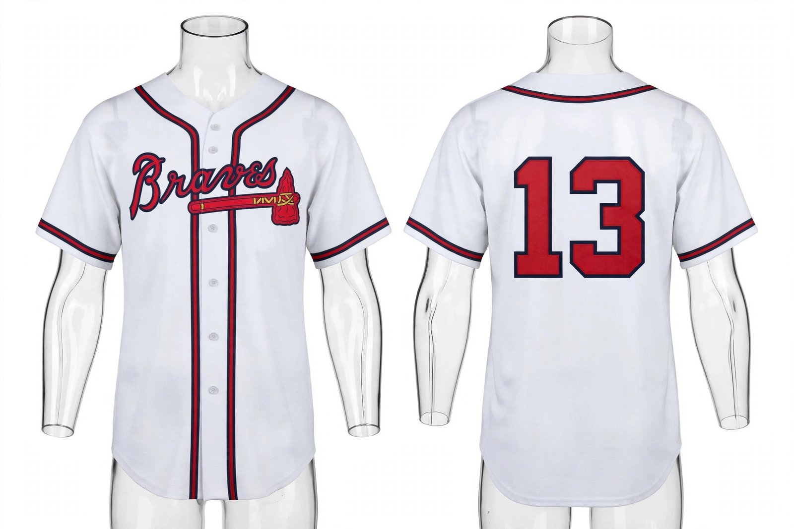 White Atlanta Braves style home baseball jersey number 13 - front and back view