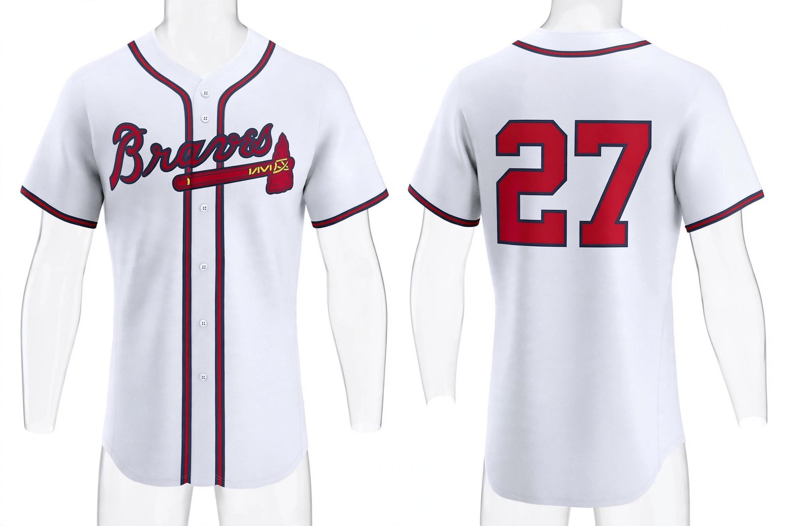 White Atlanta Braves style home baseball jersey number 27 - front and back view