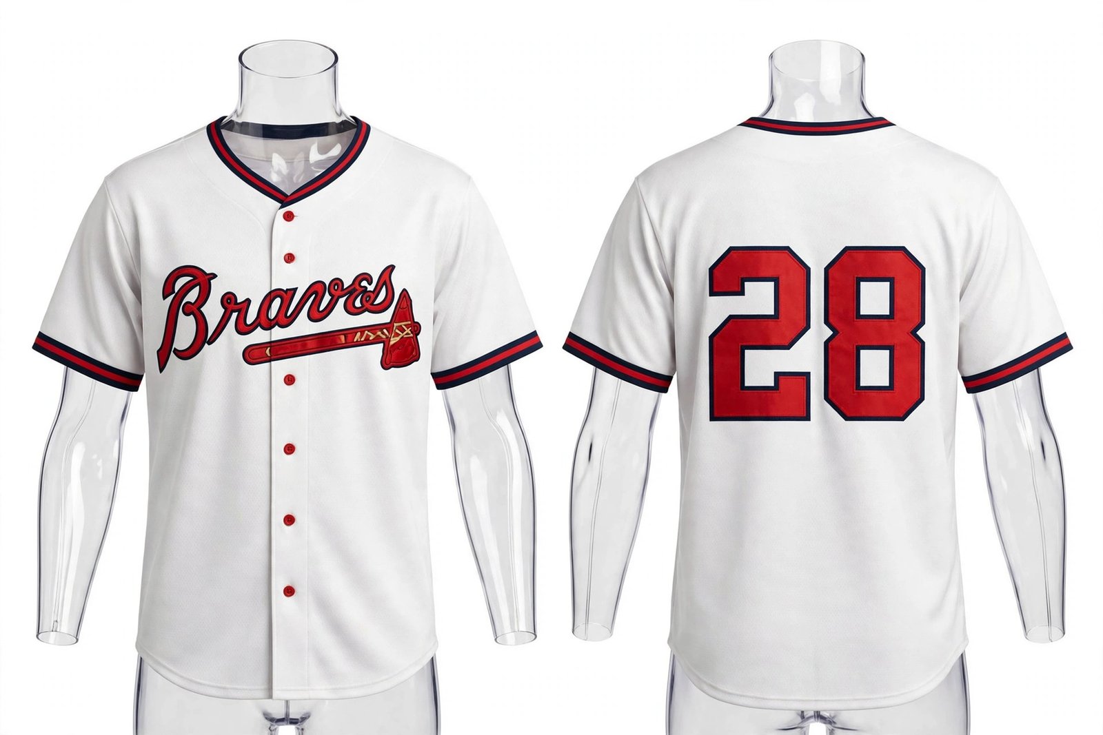 White Atlanta Braves style home baseball jersey number 28 - front and back view