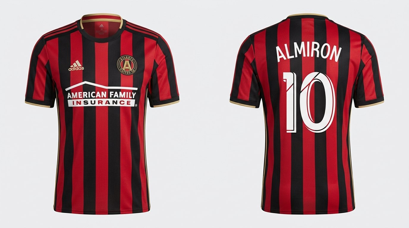 Red and black striped Atlanta United style soccer jersey number 10 - front and back view