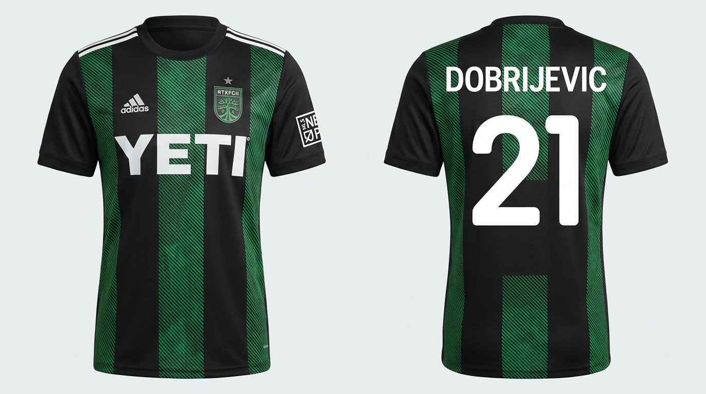Black and green Austin FC II style soccer jersey number 21 - front and back view