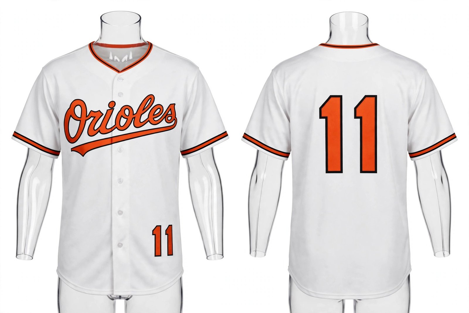 White Baltimore Orioles style home baseball jersey number 11 - front and back view