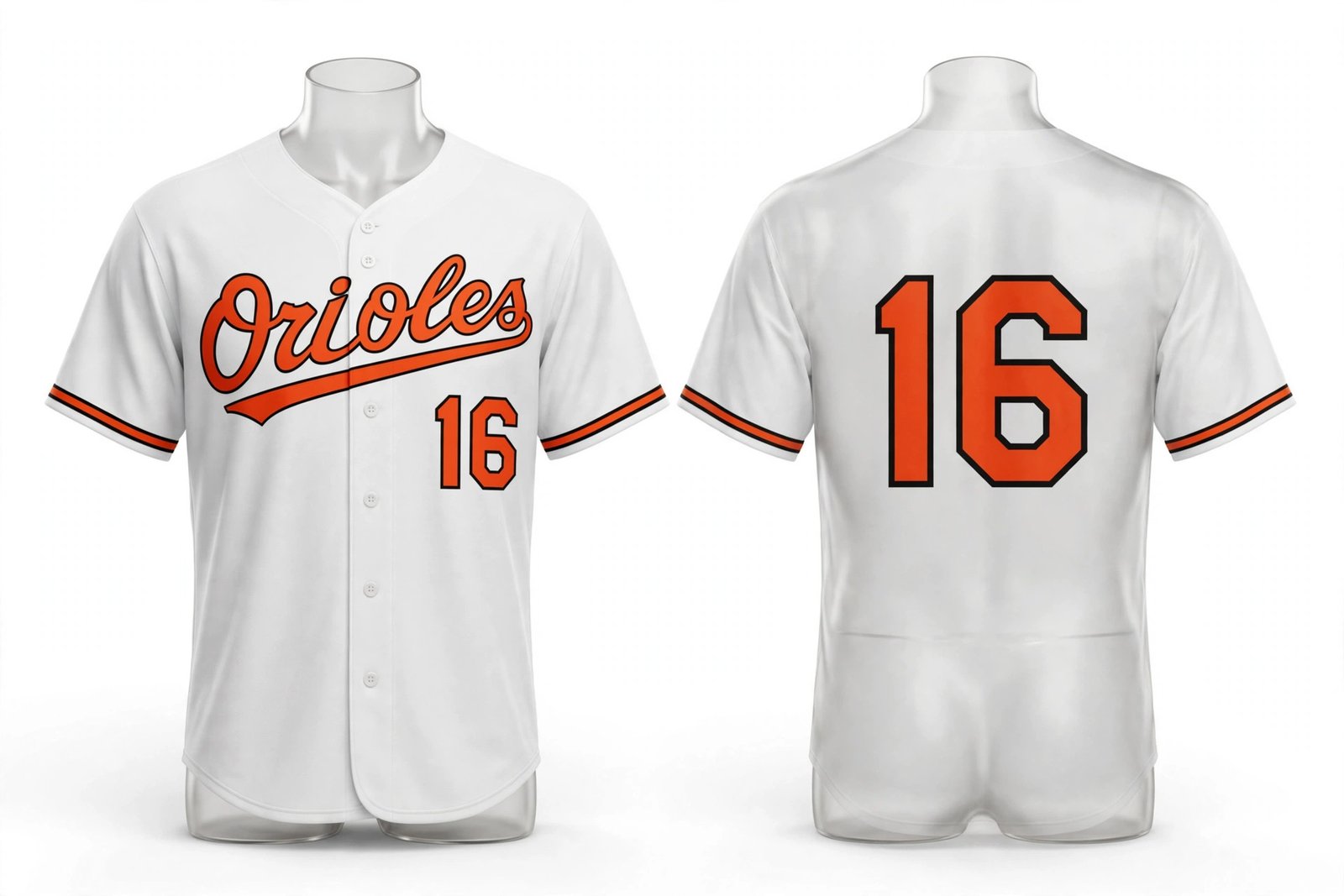 White Baltimore Orioles style home baseball jersey number 16 - front and back view