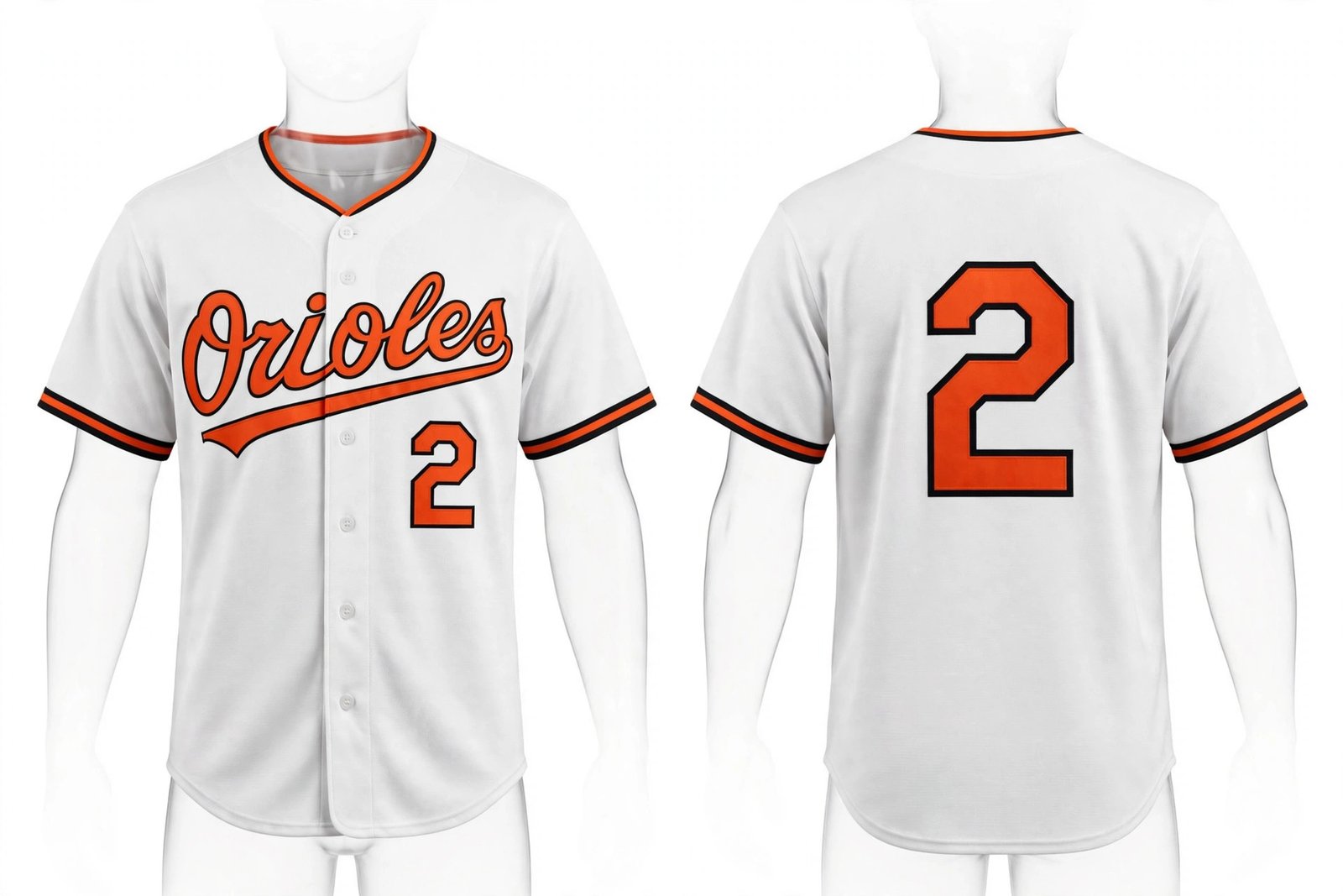White Baltimore Orioles style home baseball jersey number 2 - front and back view