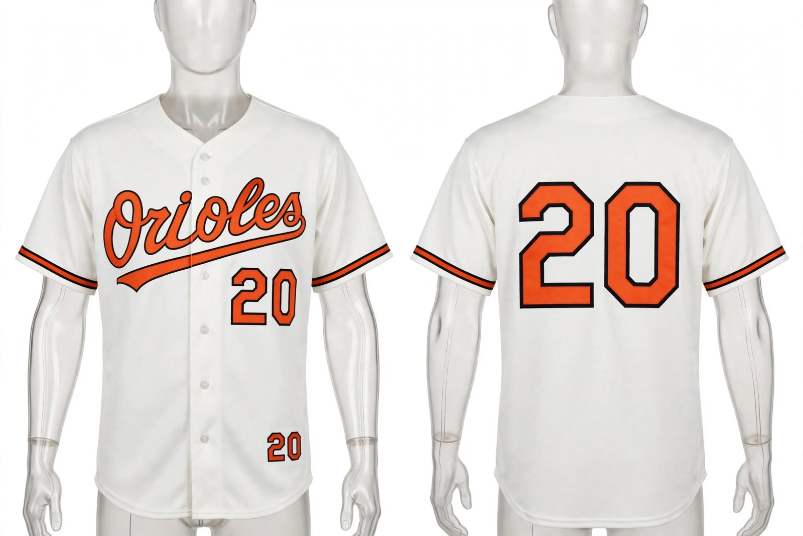 White Baltimore Orioles style home baseball jersey number 20 - front and back view