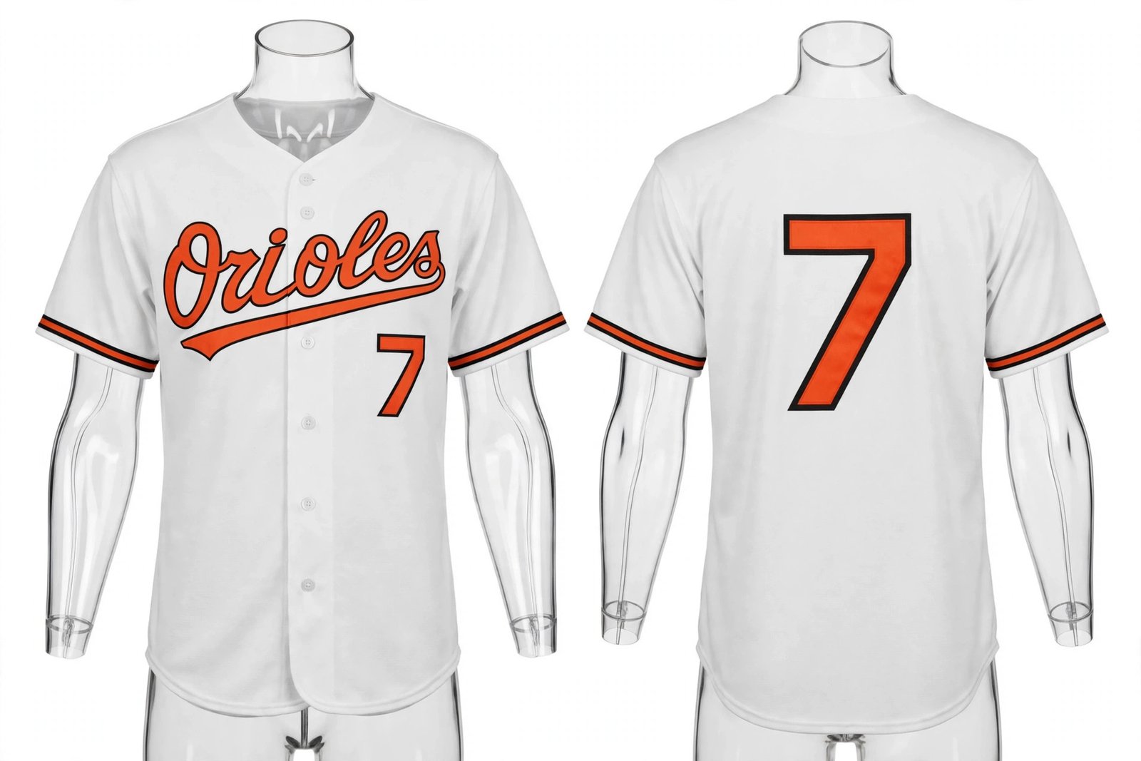 White Baltimore Orioles style home baseball jersey number 7 - front and back view