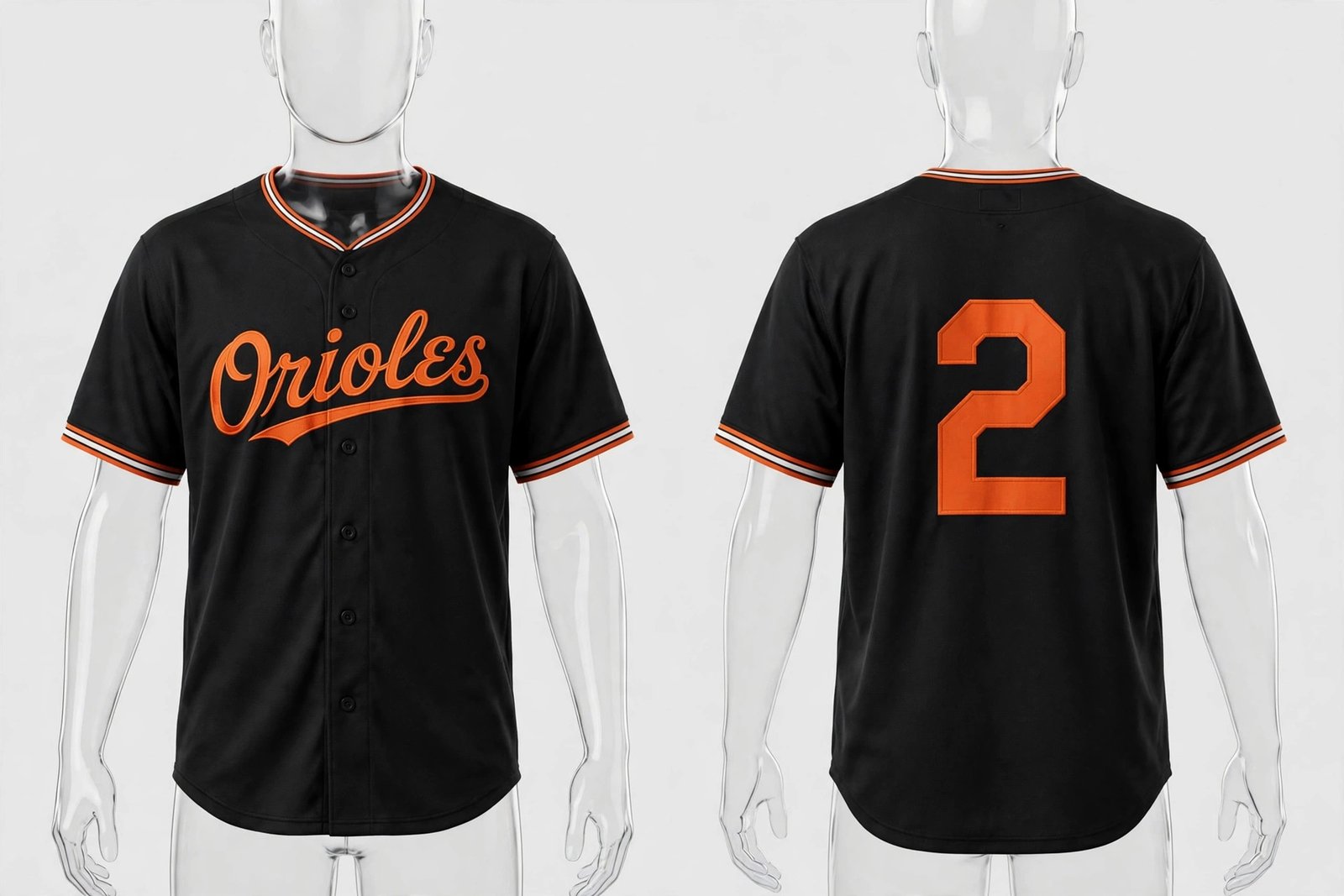 Black Baltimore Orioles baseball jersey number 2 – front and back view
