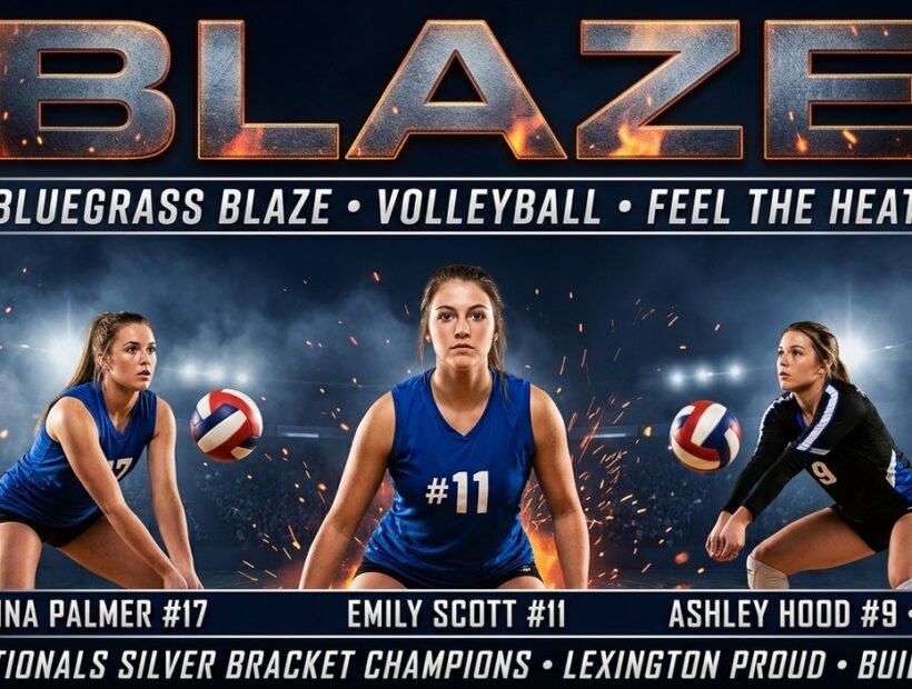 Bluegrass Blaze 2026 poster banner — Palmer, Scott and Hood in the royal-blue VLA jerseys