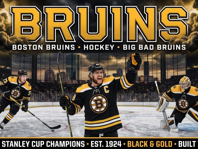 Boston Bruins team 2026 poster — captain David Pastrnak (#88), Charlie McAvoy (#73) and Jeremy Swayman (#1) in black and gold home jerseys