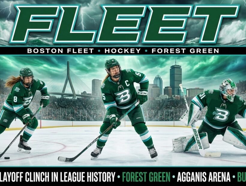 Boston Fleet team 2026 poster — captain Megan Keller #5, MVP goaltender Aerin Frankel #31 and Haley Winn #8 in forest green home jerseys
