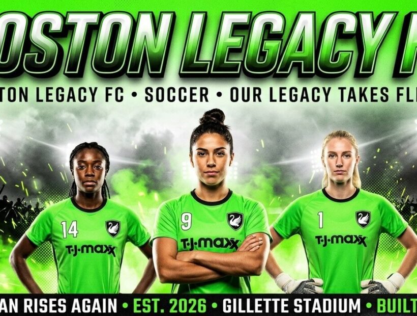 Boston Legacy FC 2026 poster banner with Gutierres, Traore and Murphy