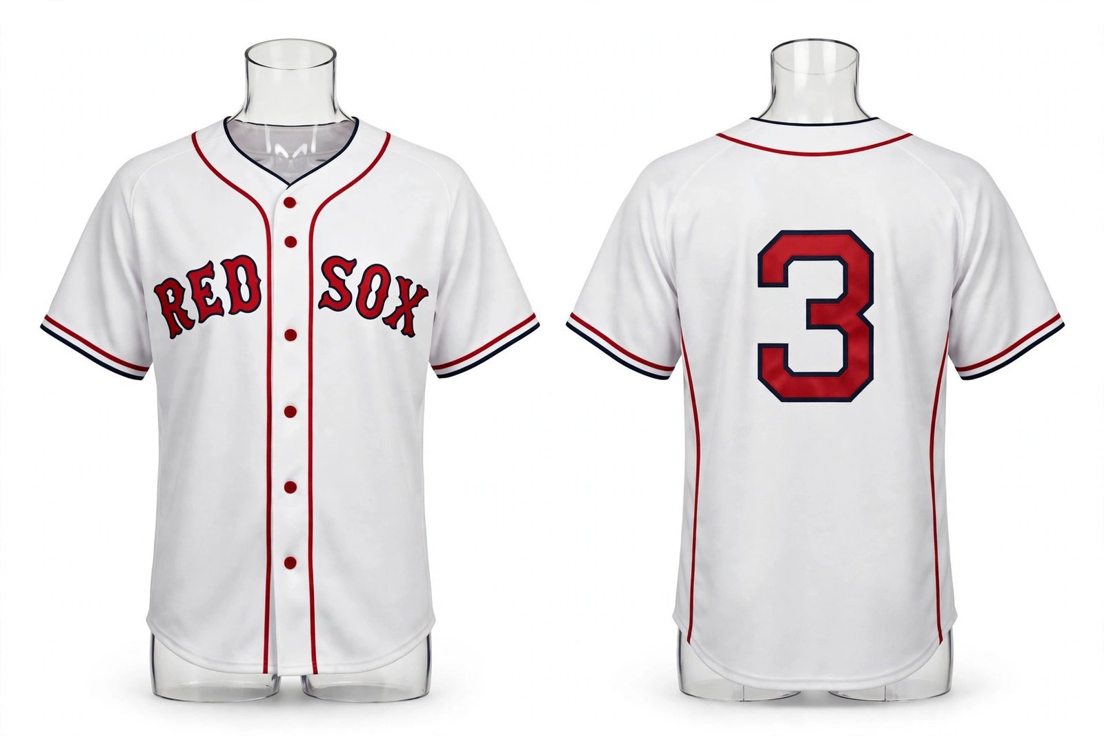 White Boston Red Sox style home baseball jersey number 3 - front and back view