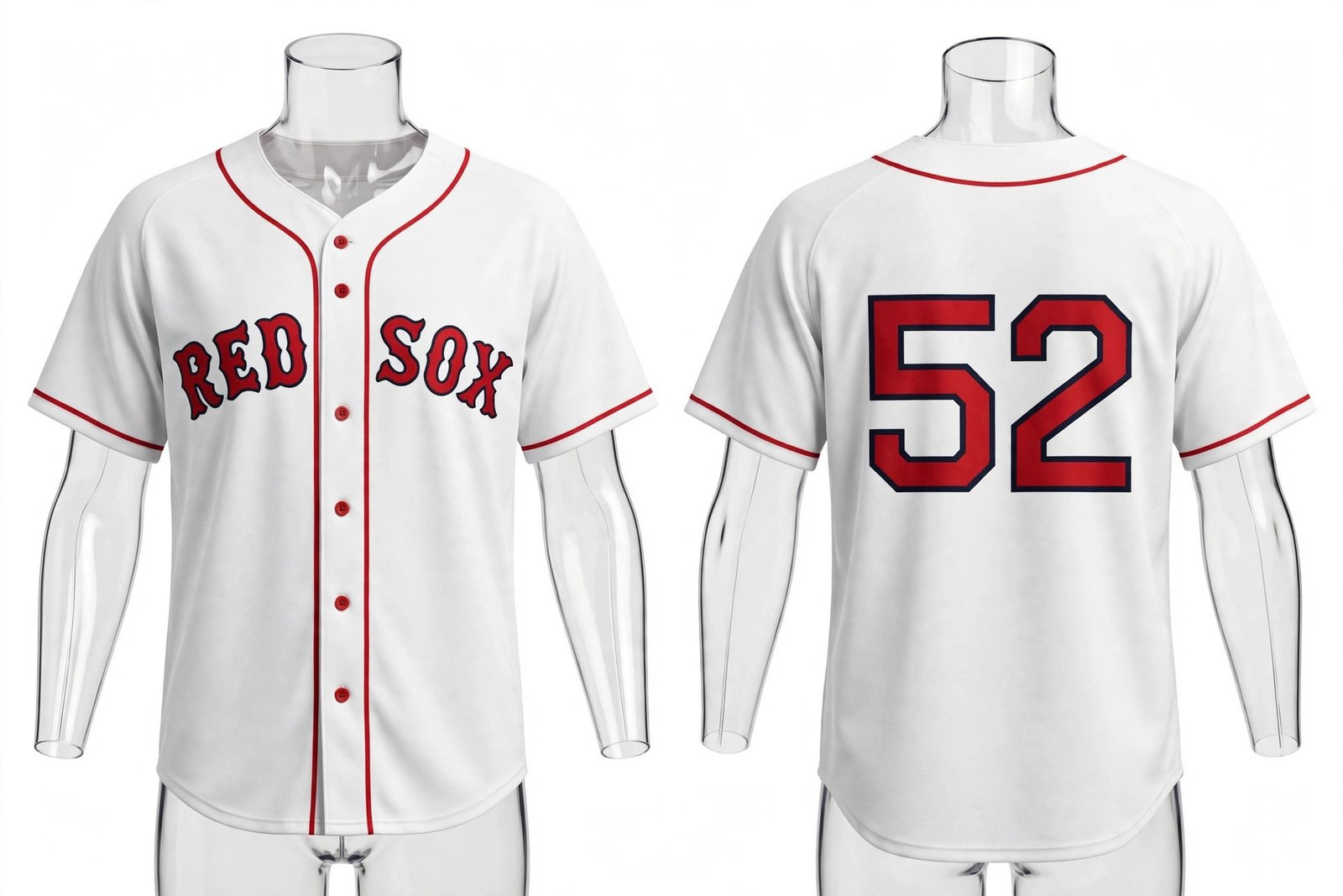White Boston Red Sox style home baseball jersey number 52 - front and back view