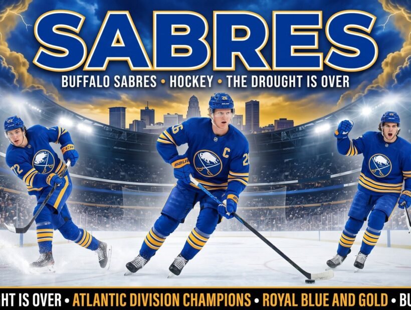 Buffalo Sabres team 2026 poster — captain Rasmus Dahlin (#26), Tage Thompson (#72) and Owen Power (#25) in royal blue home jerseys