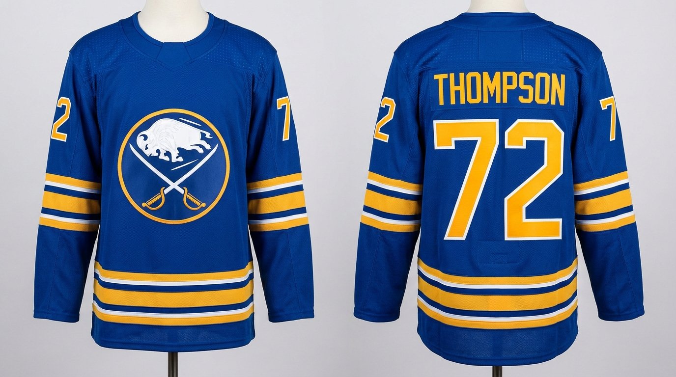Royal blue Buffalo Sabres style hockey jersey number 72 - front and back view