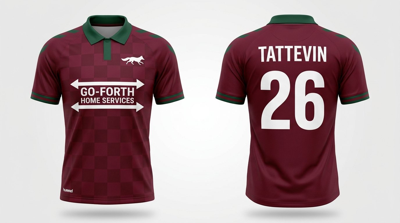 Claret and green Carolina Core FC style soccer jersey number 26 - front and back view