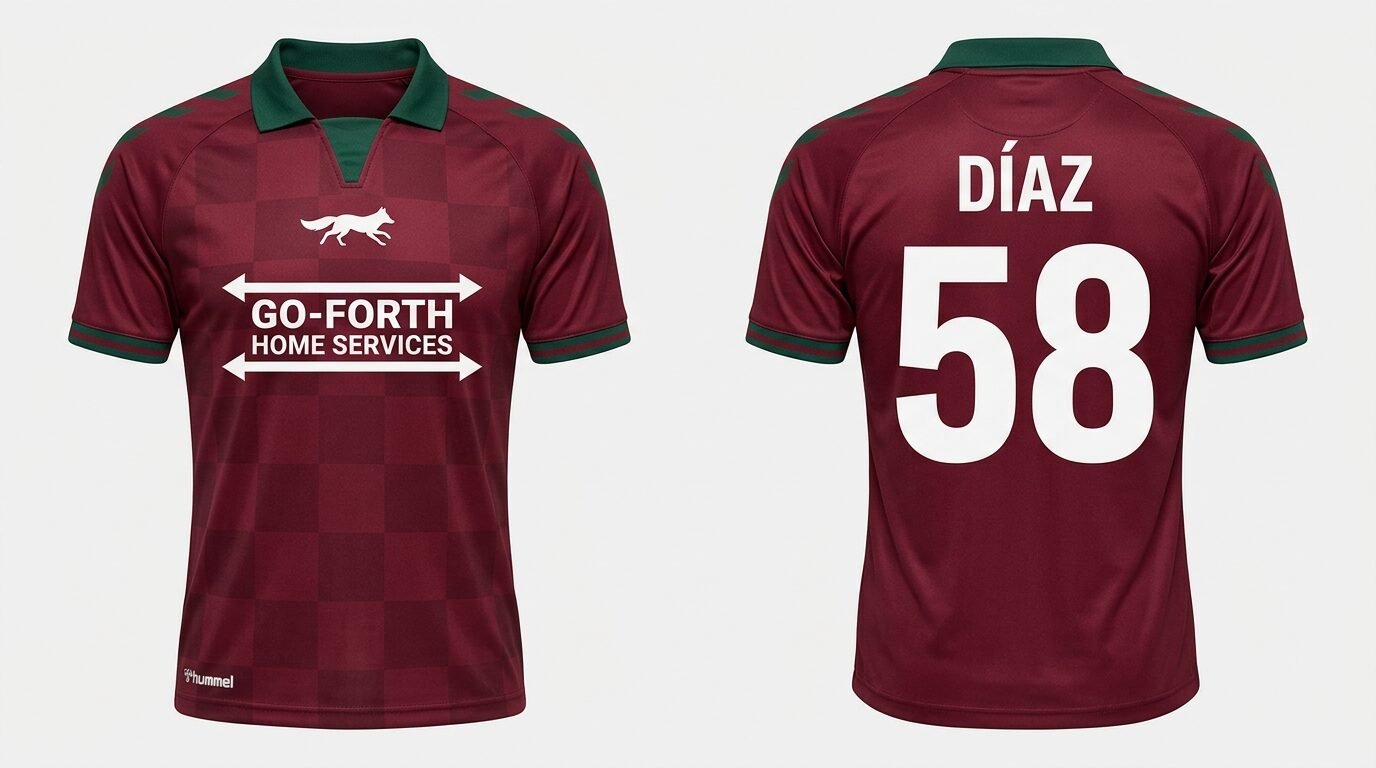 Claret and green Carolina Core FC style soccer jersey number 58 - front and back view