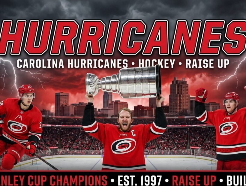 Carolina Hurricanes team 2026 poster — captain Jordan Staal lifts the Stanley Cup with Sebastian Aho and Andrei Svechnikov in red home jerseys