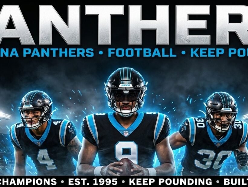 Carolina Panthers 2026 poster banner with Bryce Young, Tetairoa McMillan and Chuba Hubbard