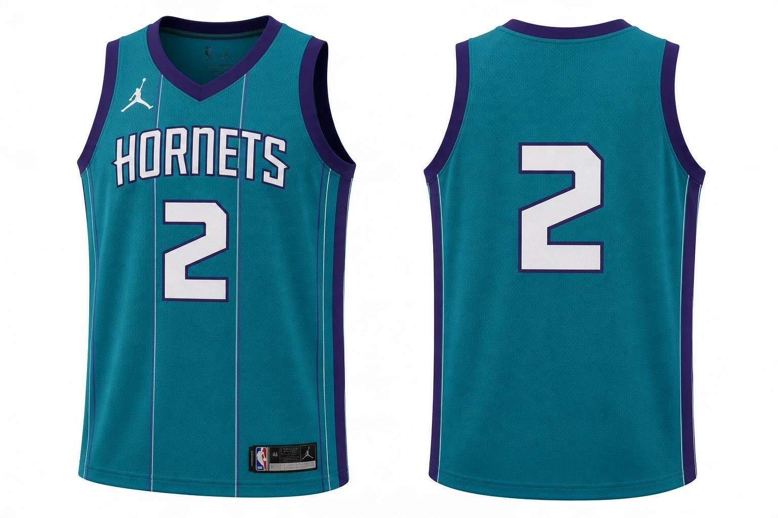 Teal Charlotte Hornets basketball jersey number 2 – front and back view
