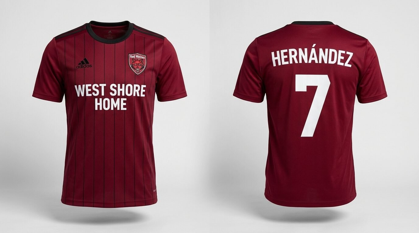 Red Chattanooga Red Wolves style soccer jersey number 7 - front and back view