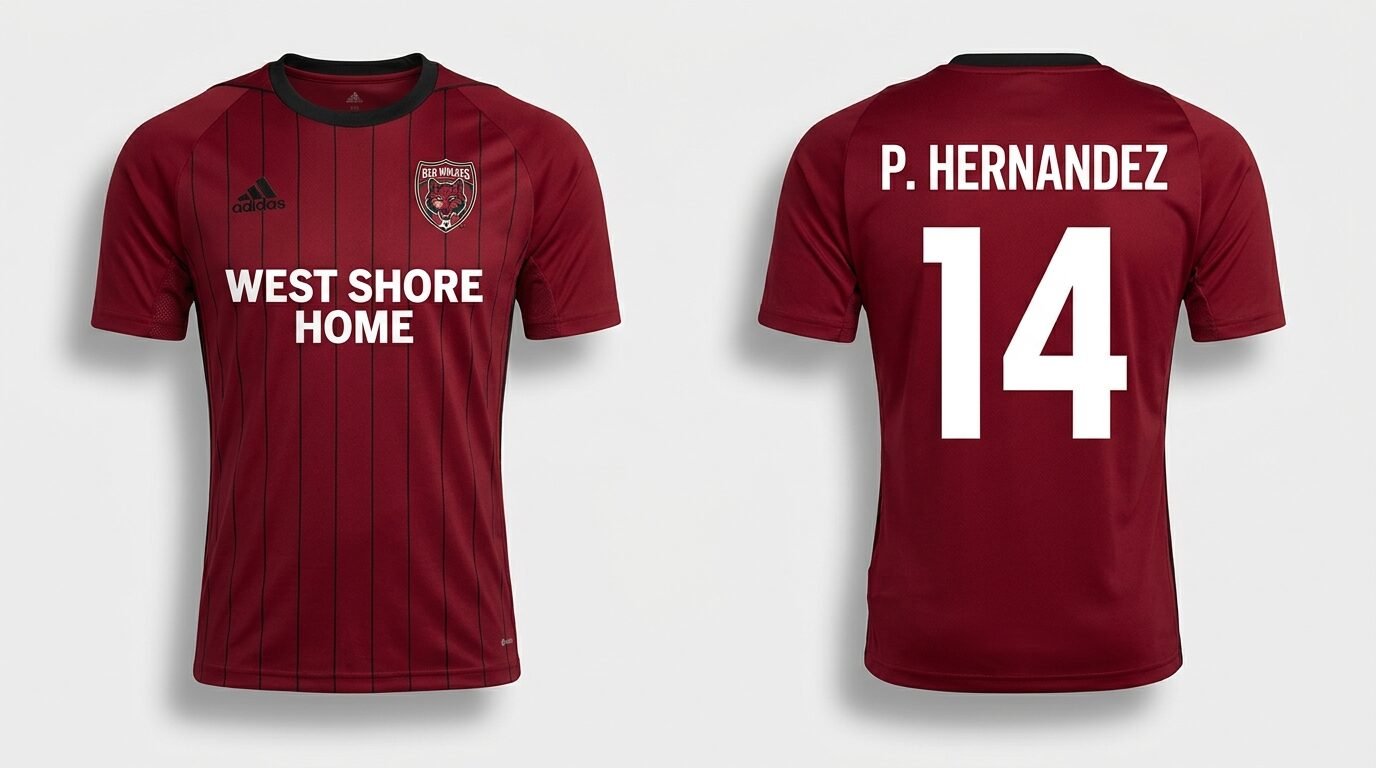 Red Chattanooga Red Wolves style soccer jersey number 14 - front and back view