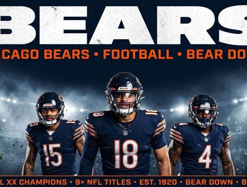 Chicago Bears 2026 poster banner with Caleb Williams, Rome Odunze and D'Andre Swift
