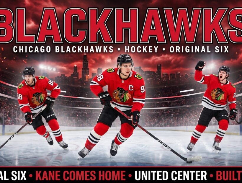 Chicago Blackhawks team 2026 poster — captain Connor Bedard (#98), Patrick Kane (#88) and Bowen Byram (#24) in red home jerseys
