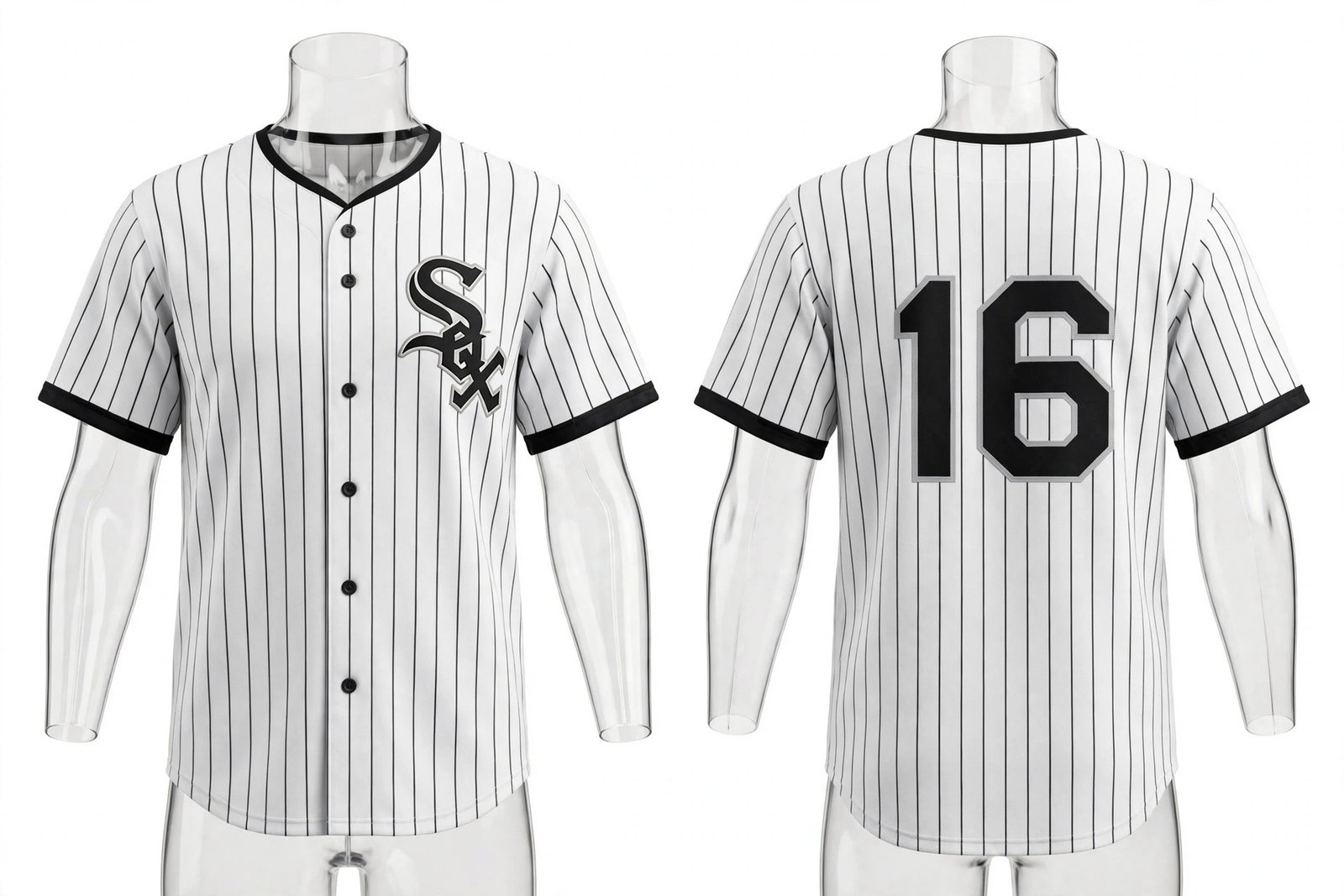White Chicago White Sox style pinstripe home baseball jersey number 16 - front and back view