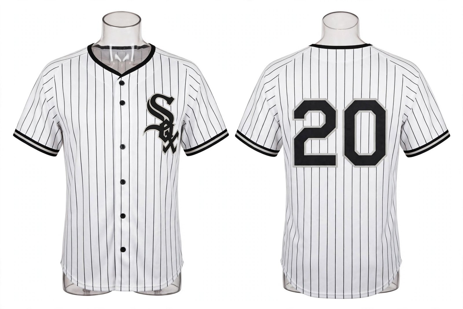 White Chicago White Sox style pinstripe home baseball jersey number 20 - front and back view