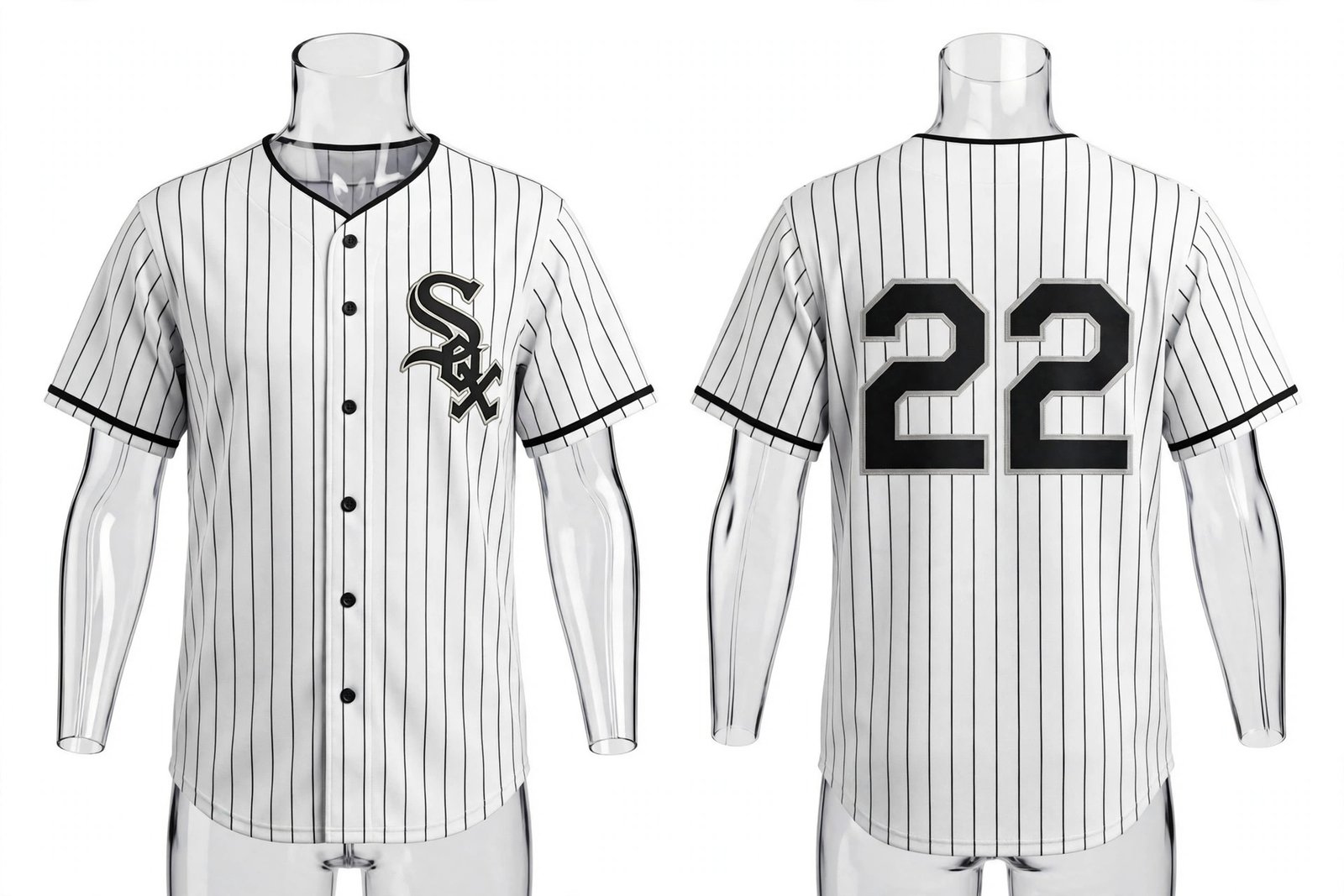 White Chicago White Sox style pinstripe home baseball jersey number 22 - front and back view