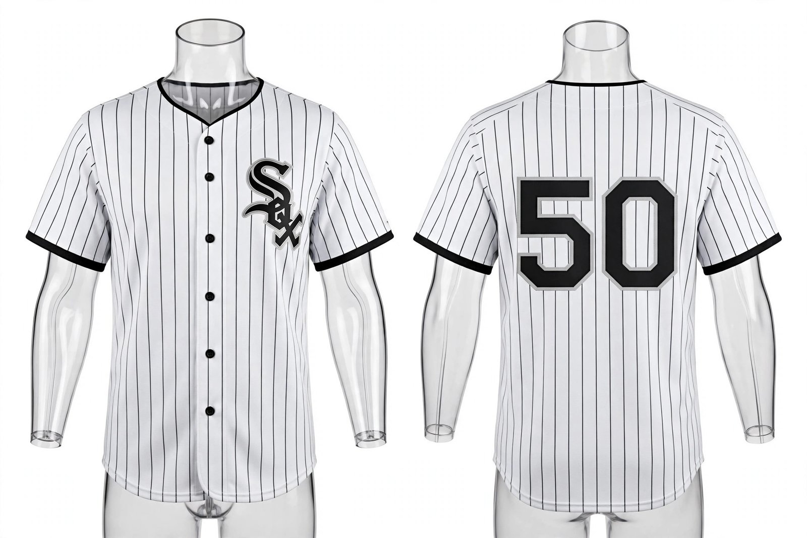 White Chicago White Sox style pinstripe home baseball jersey number 50 - front and back view