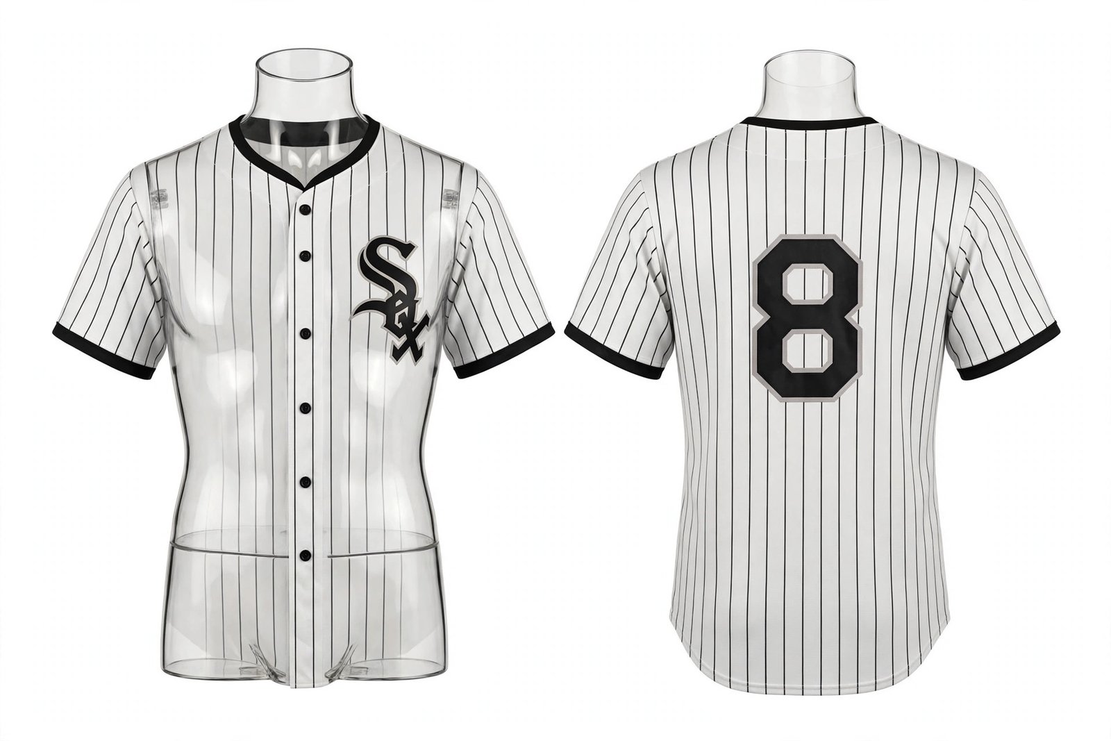 White Chicago White Sox style pinstripe home baseball jersey number 8 - front and back view