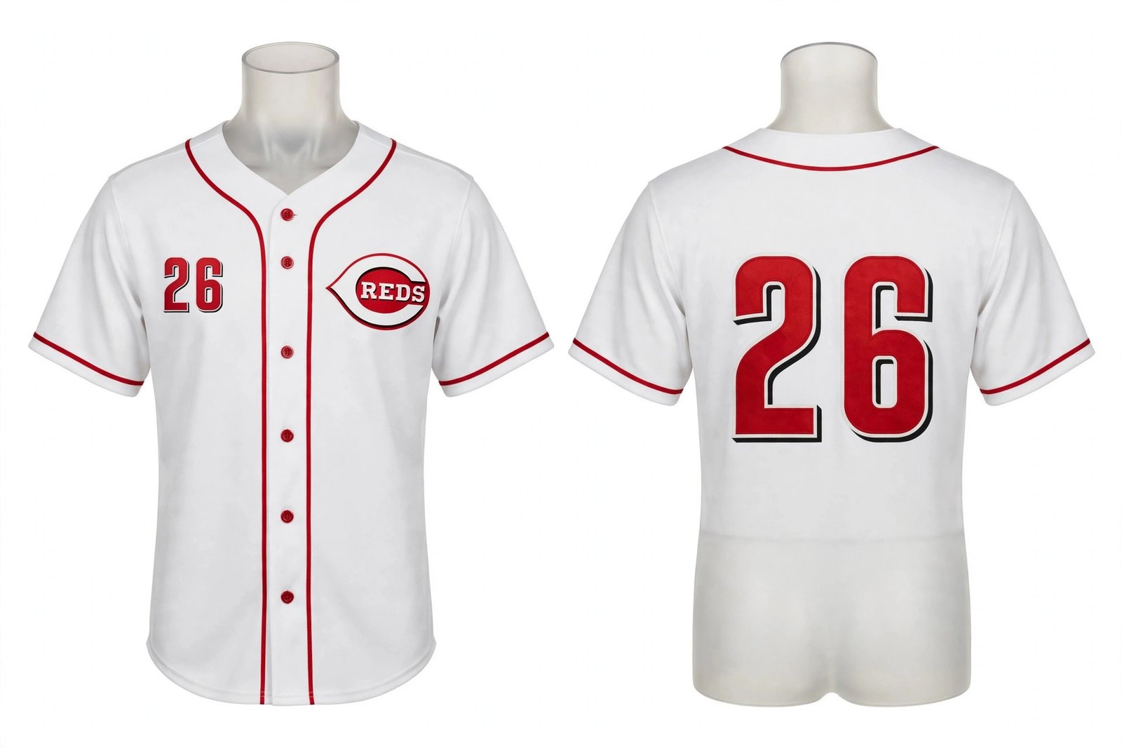 White Cincinnati Reds style home baseball jersey number 26 - front and back view