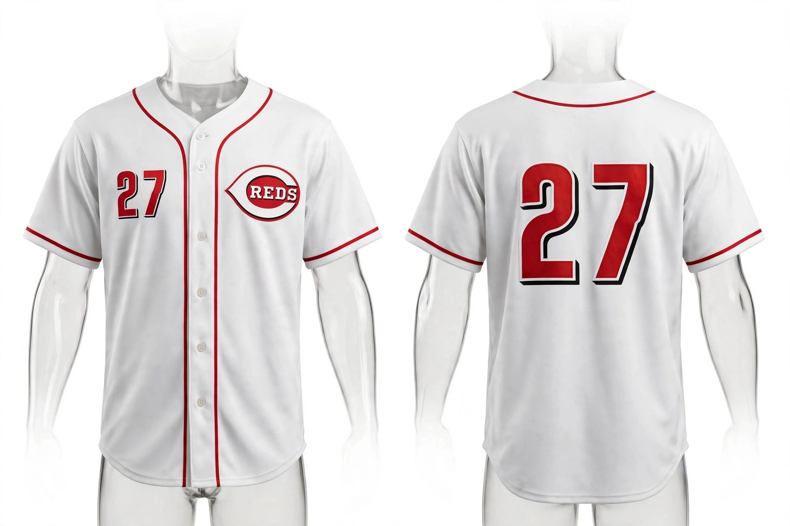 White Cincinnati Reds style home baseball jersey number 27 - front and back view