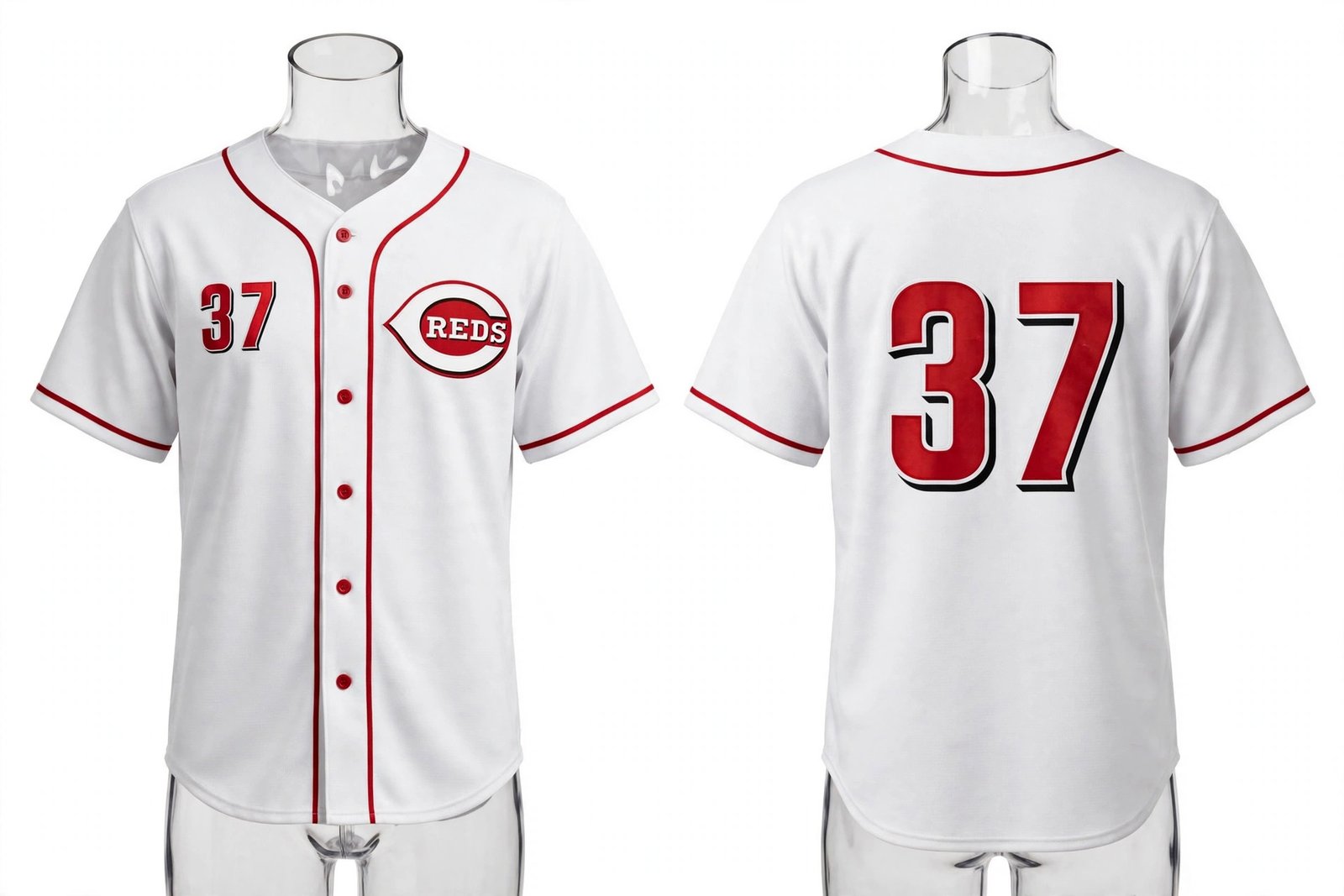 White Cincinnati Reds style home baseball jersey number 37 - front and back view