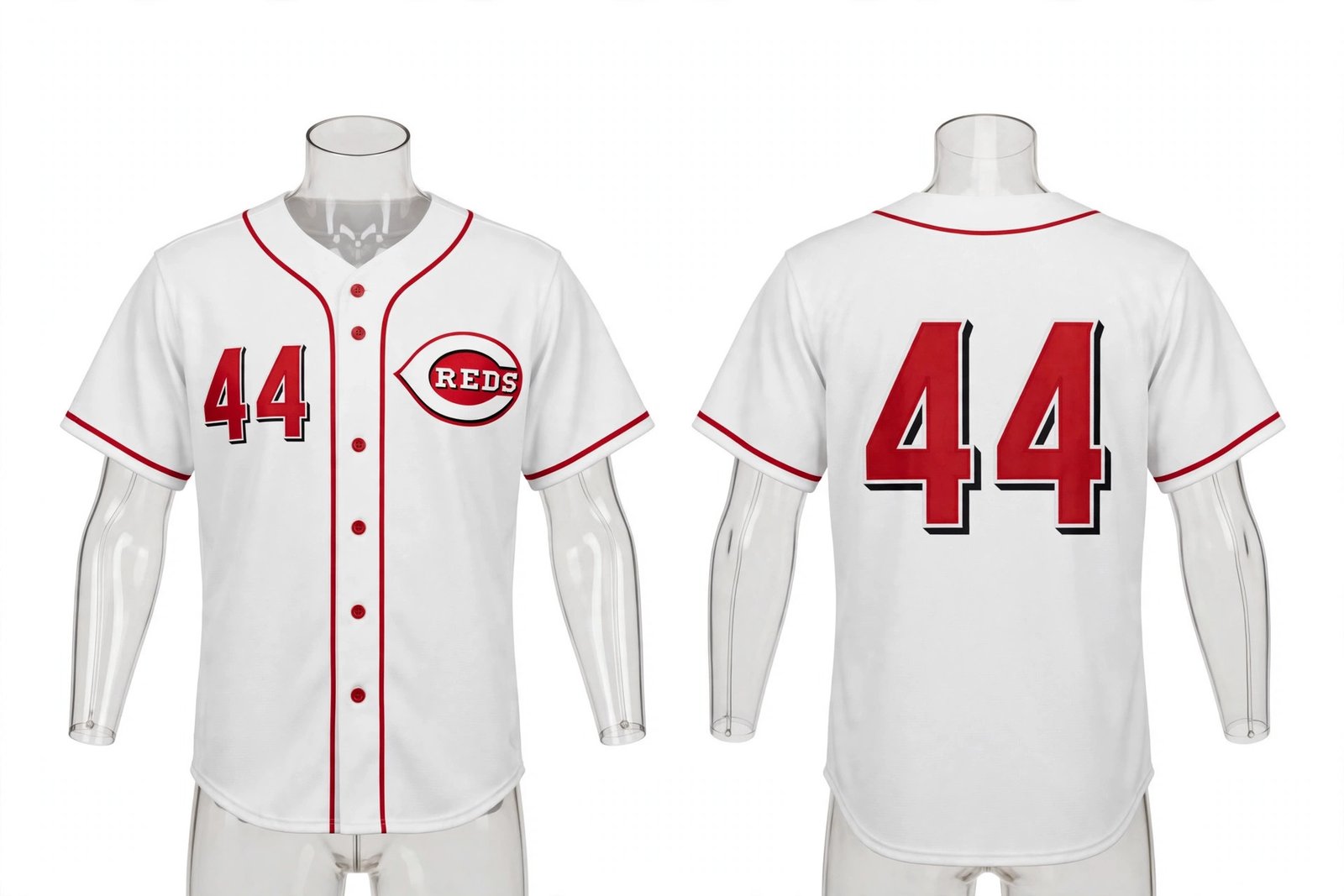 White Cincinnati Reds style home baseball jersey number 44 - front and back view