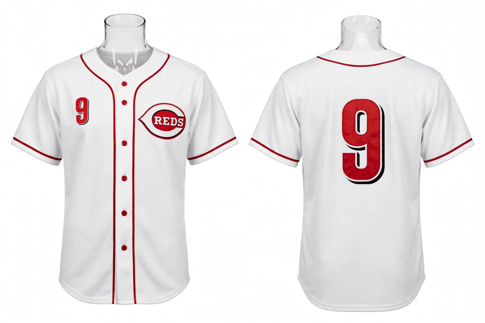 White Cincinnati Reds style home baseball jersey number 9 - front and back view
