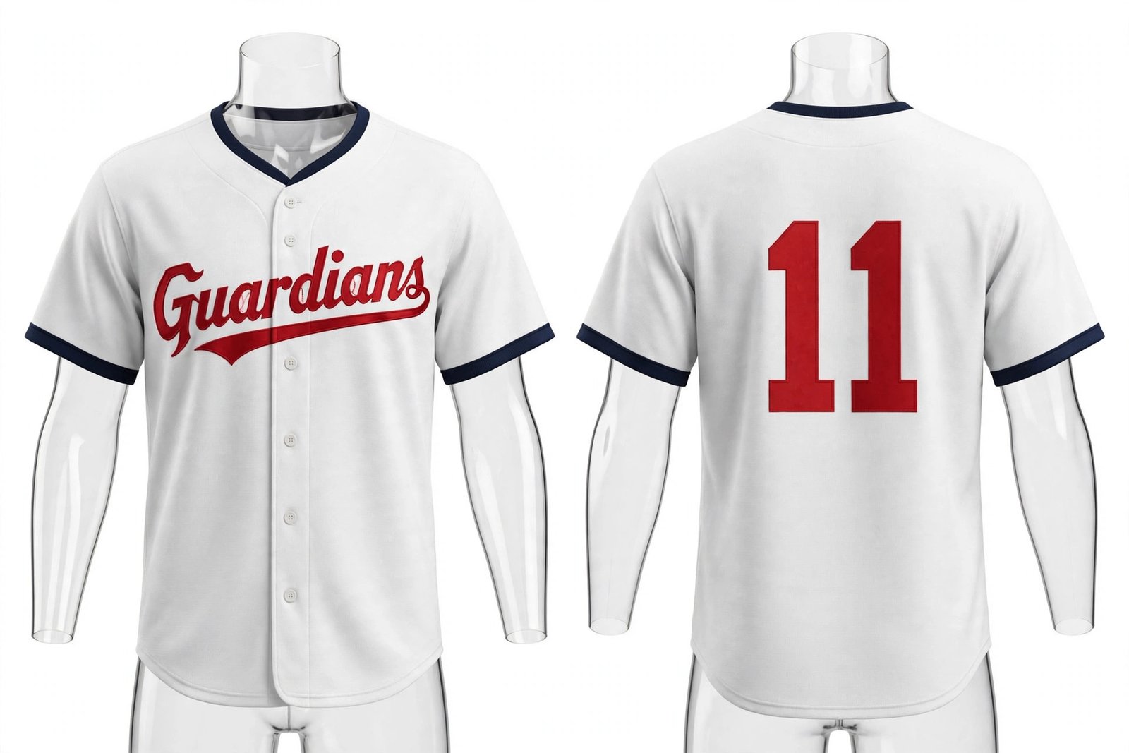 White Cleveland Guardians style home baseball jersey number 11 - front and back view
