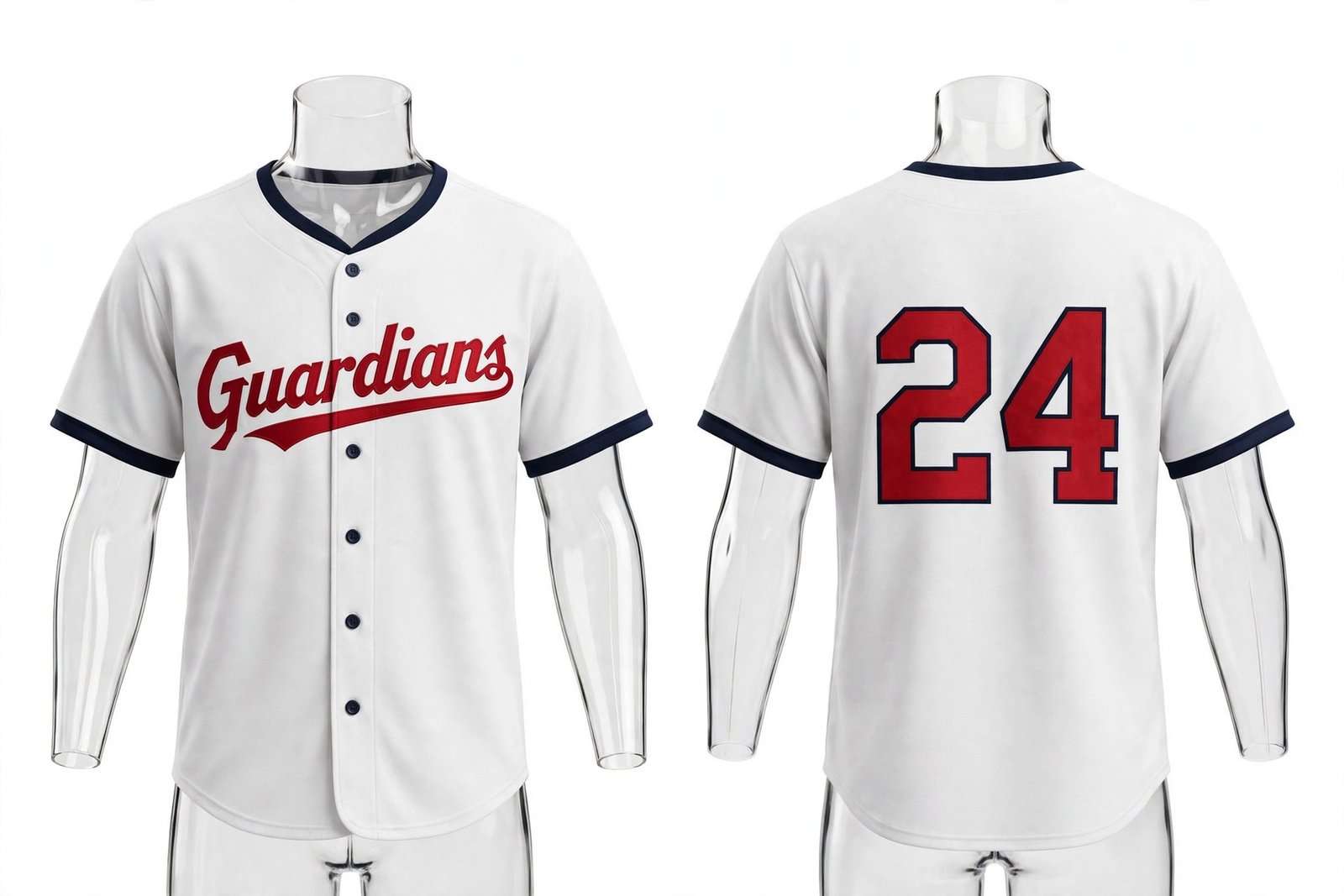 White Cleveland Guardians style home baseball jersey number 24 - front and back view