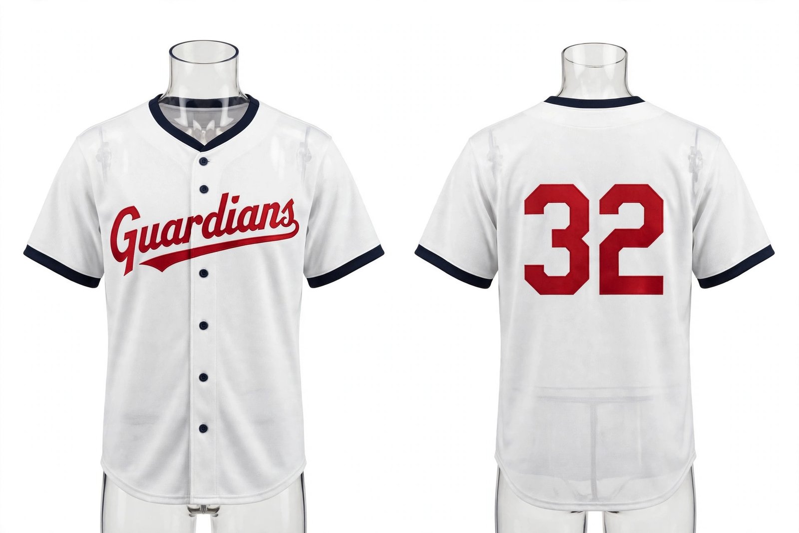 White Cleveland Guardians style home baseball jersey number 32 - front and back view