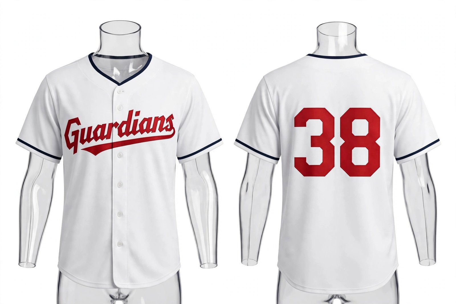 White Cleveland Guardians style home baseball jersey number 38 - front and back view