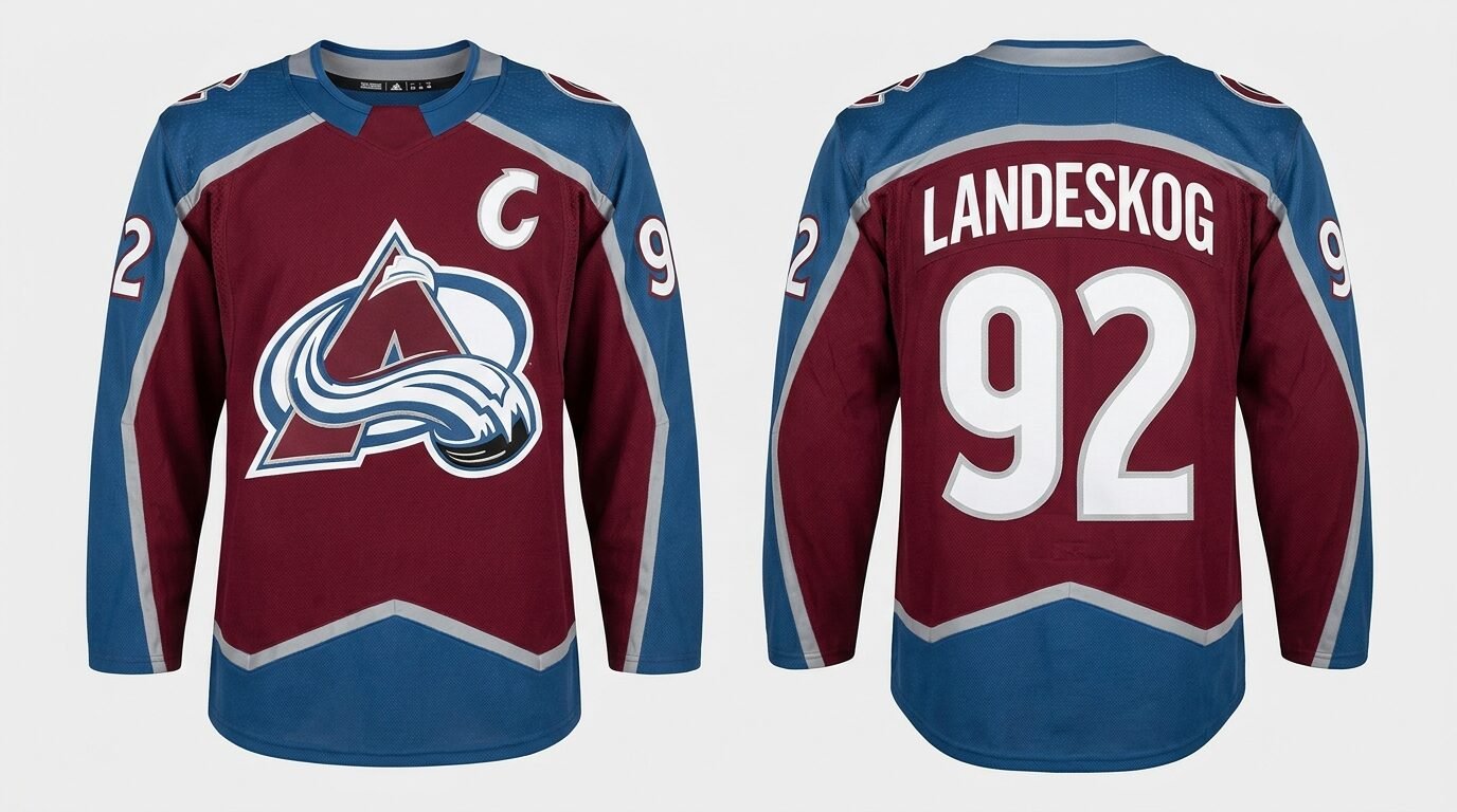 Burgundy Colorado Avalanche style hockey jersey number 92 - front and back view